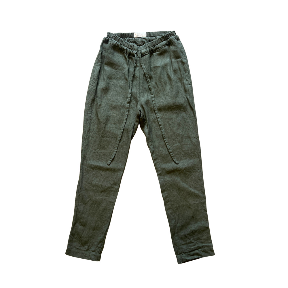 Not Perfect Linen Drawstring Pants XS Juniper Green Tapered Minimalist Earthy